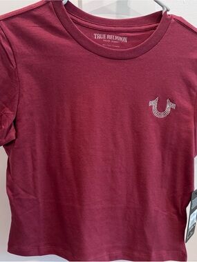 True Religion Women's Burgundy Short Sleeve Rhinestone Logo Tee